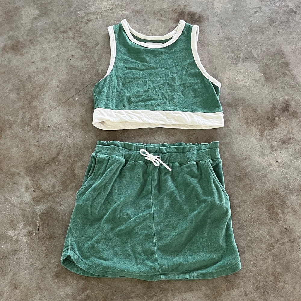 Free Assembly Green Terry Cloth Tank Crop and Drawstring Skirt Set